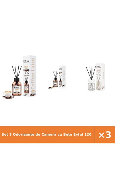 Eyfel Set 3 Odorizante de Cameră cu Bețe 120 ml – Cafea, Vanilie, Bumbac