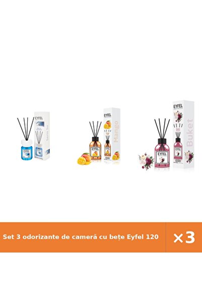 Eyfel Set 3 odorizante de cameră cu bețe 120 ml: Cool Water, Mango, Bouquet