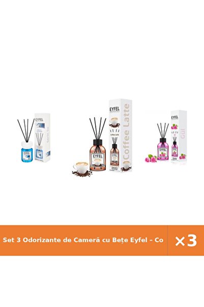 Eyfel Set 3 Odorizante de Cameră cu Bețe – Cool Water, Cafea, Trandafir, 120 ml