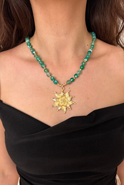 Suerte Accessories Green Agate Natural Stone with Steel Lotus Flower Tip, Han...