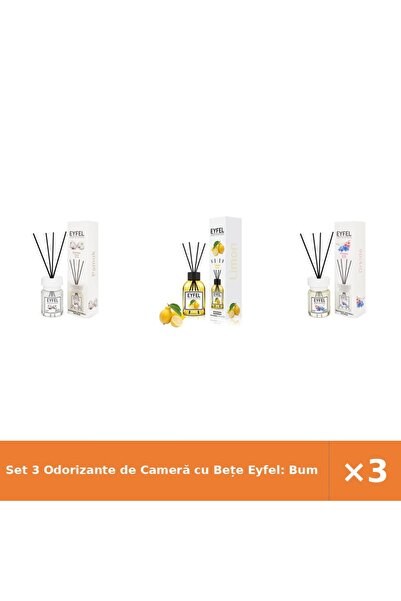 Eyfel Set 3 Odorizante de Cameră cu Bețe Eyfel: Bumbac, Lămâie, Orhidee, 120 ml