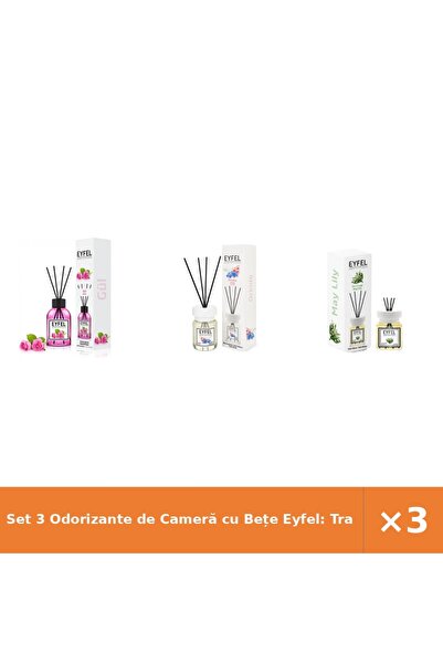 Eyfel Set 3 Odorizante de Cameră cu Bețe Eyfel: Trandafir, Orhidee, Lăcrămioa...