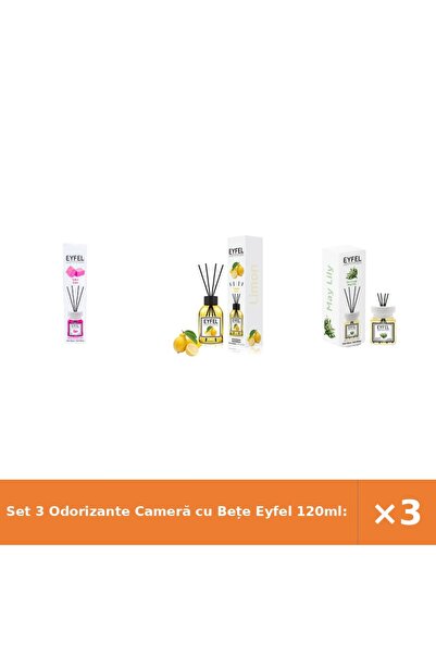 Eyfel Set 3 Odorizante Cameră cu Bețe 120ml: Bubble Gum, Lămâie, Lăcrămioare