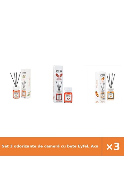 Eyfel Set 3 odorizante de cameră cu bețe Eyfel, Acacia + Red Dragon + Piersic...