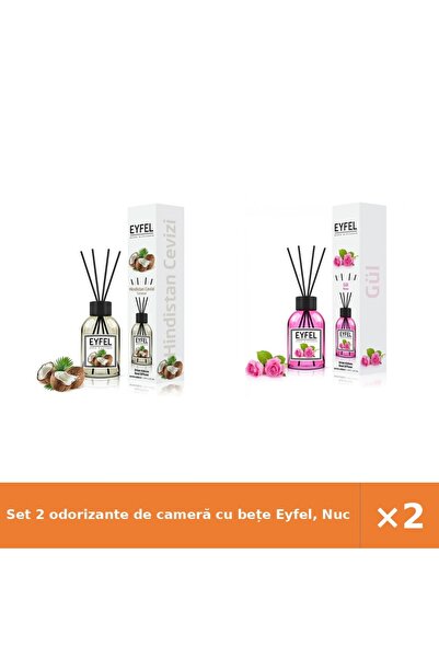 Eyfel Set 2 odorizante de cameră cu bețe Eyfel, Nucă de cocos + Trandafir, 12...