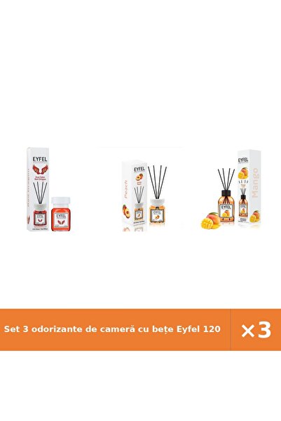 Eyfel Set 3 odorizante de cameră cu bețe 120 ml: Red Dragon, Piersică, Mango