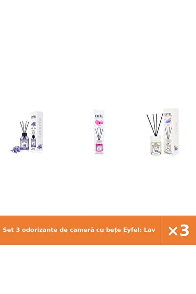 Eyfel Set 3 odorizante de cameră cu bețe Eyfel: Lavandă, Bubble Gum, Orhidee,...