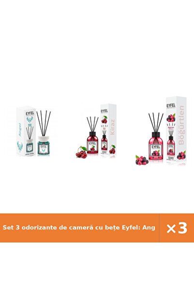 Eyfel Set 3 odorizante de cameră cu bețe Eyfel: Angel, Cireșe, Fructe de pădu...