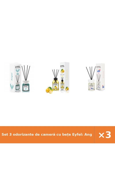 Eyfel Set 3 odorizante de cameră cu bețe Eyfel: Angel, Lămâie, Orhidee, 3x120 ml