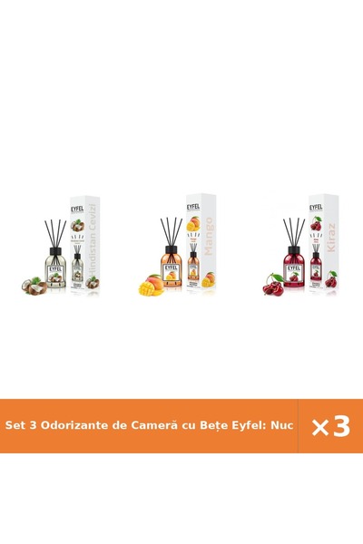 Eyfel Set 3 Odorizante de Cameră cu Bețe Eyfel: Nucă de Cocos, Mango, Cireșe,...