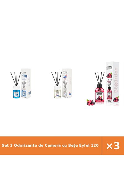 Eyfel Set 3 Odorizante de Cameră cu Bețe 120 ml – Cool Water, Orhidee, Fructe...