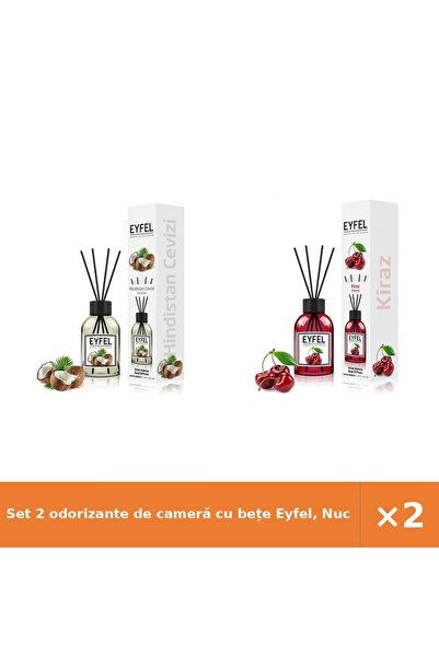 Eyfel Set 2 odorizante de cameră cu bețe Eyfel, Nucă de cocos + Cireșe, 120 ml