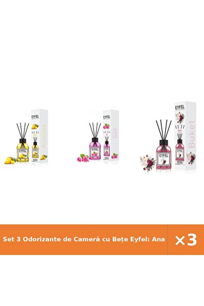 Eyfel Set 3 Odorizante de Cameră cu Bețe Eyfel: Ananas, Trandafir, Bouquet, 1...