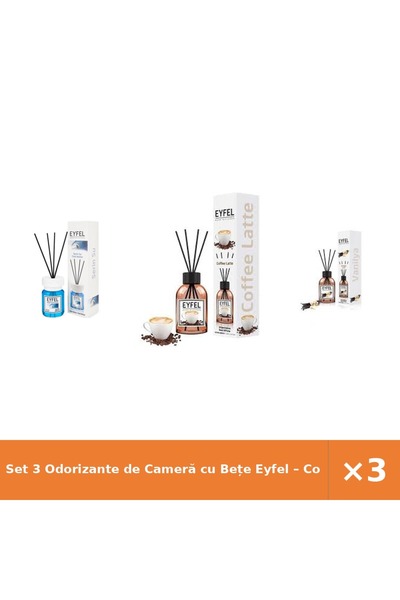 Eyfel Set 3 Odorizante de Cameră cu Bețe – Cool Water, Cafea, Vanilie, 120 ml
