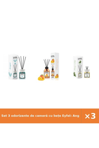 Eyfel Set 3 odorizante de cameră cu bețe Eyfel: Angel, Mango, Lăcrămioare, 3x...