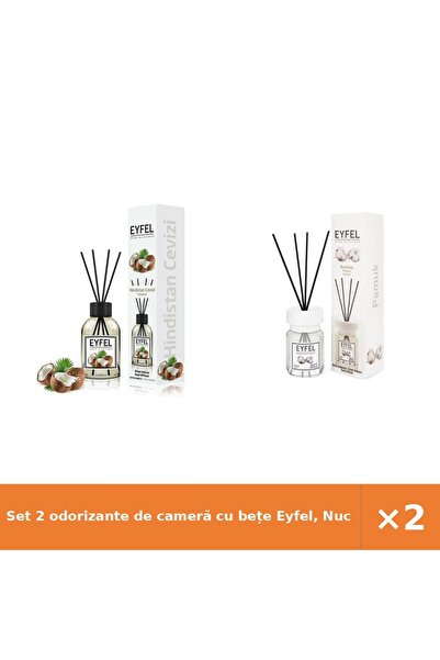 Eyfel Set 2 odorizante de cameră cu bețe Eyfel, Nucă de cocos + Bumbac, 120 ml
