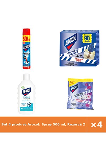 Aroxol Set 4 produse Aroxol: Spray 500 ml, Rezervă 2x45 ml, Loțiune 200 ml, P...