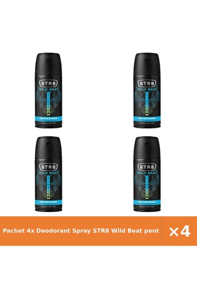 str8 Pachet 4x Deodorant Spray Wild Beat pentru Bărbați, 150 ml, Protecție În...