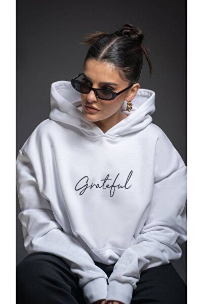 JANTIL MODA White Unisex Oversize 3 Thread Threaded Printed Hooded Sweatshirt...