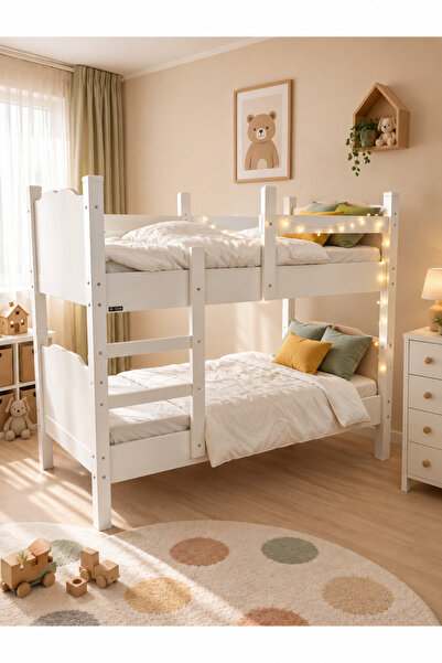 Aktehome Cozy Montessori Çift Katlı Ranza 90x190 cm Ayrılabilir Beyaz MDF Çoc...