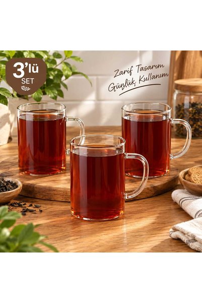 ÇEMİ 3'lü Borosilikat Cam Kupa Bardak Seti 200 ml - Isıya Dayanıklı Kulplu Ça...