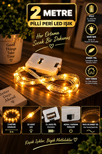 ZNEEL 2 Metre - Pilli Peri LED Işık Sarı Günışığı Dekoratif Esnek Tel Led – A...
