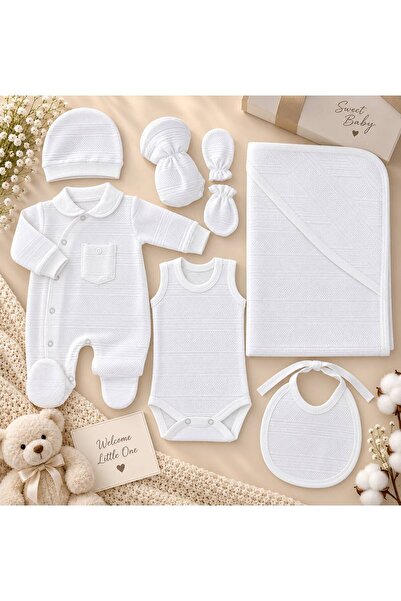 Baby day طقم استقبال مواليد فاخر 7 قطع بنسيج محبوك وياقة كلاسيكية وتصميم لف -...