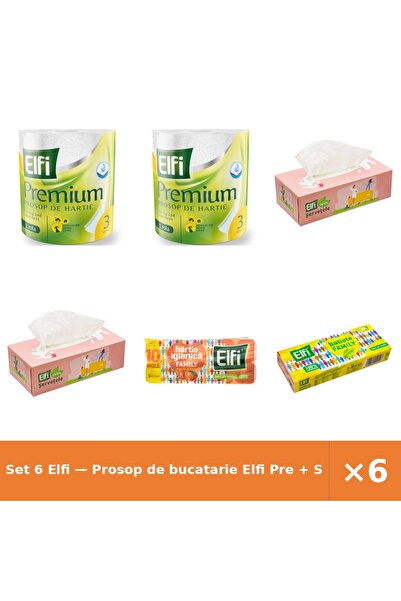 Elfi Set 6 — Prosop de bucatarie Pre + Servetele cutie + Hartie Igienica Family
