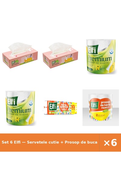 Elfi Set 6 — Servetele cutie + Prosop de bucatarie Pre + Hartie Igienica Family