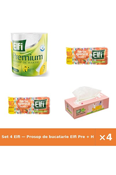 Elfi Set 4 — Prosop de bucatarie Pre + Hartie Igienica Family + Servetele cutie