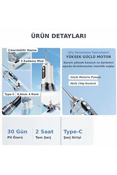 Şarjlı Taşınabilir Ağız Duşu Yüksek Basınçlı Diş Temizleme Cihazı Type-C 3 Kademeli Su Püskürtücü Pembe