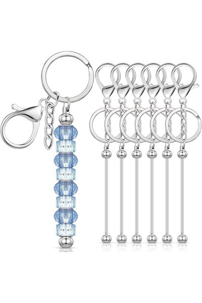 ALMEKAQUZ 6 Pieces Beadable Keychains Bars - Diy Silver Blank Beadable Keycha...