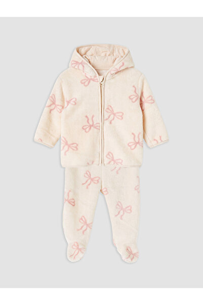 LC Waikiki Beige Printed Baby Girl Cardigan and Booties Pants Set