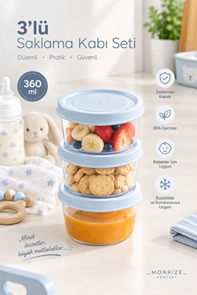 Monrize Concept 3'lü Saklama Kabı Seti 360 ml Sızdırmaz Kapaklı Bebek Mama Ye...