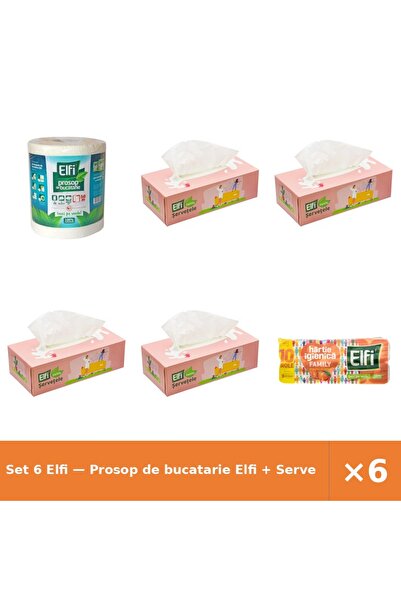 Elfi Set 6 — Prosop de bucatarie + Servetele cutie + Hartie Igienica Family