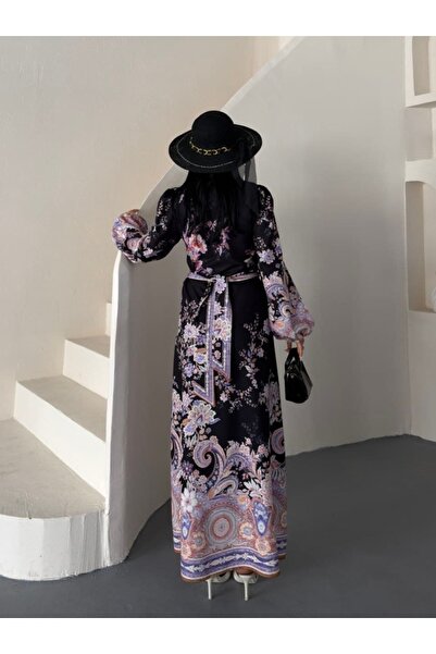 suphias Women's Black Floral Patterned Belted Maxi Dress