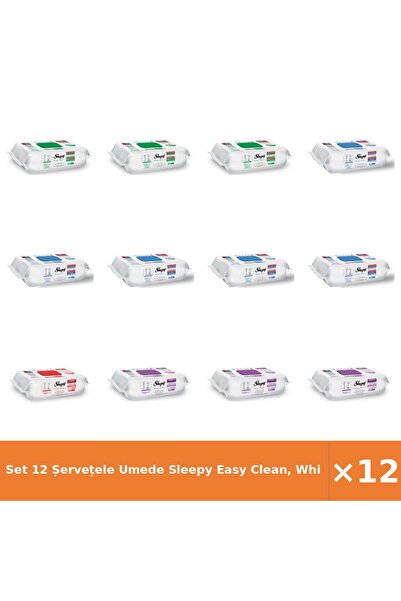 Sleepy Set 12 Șervețele Umede Easy Clean, Săpun Alb, Înălbitor, Floare de Cir...