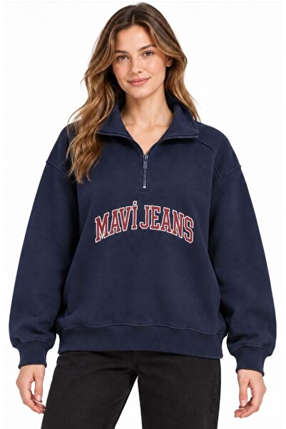 Mavi M1S20132 Jeans Logo Baskılı Yarım Fermuarlı Kadın Sweatshirt LACİVERT