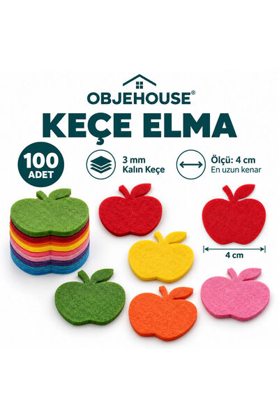 Objehouse Keçe Elma Süsleme Figürü, 100 Adet, 4 cm, 3 mm Kalın Keçe