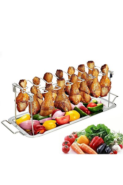 Arabest Stainless Steel Chicken Leg Rack with Drip Tray,12-Slot BBQ Roaster S...