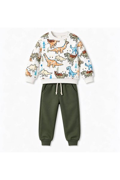 YİGİT BUTİK Baby Boy Dinosaur Patterned Sweatshirt and Khaki Pants 2-Piece Set