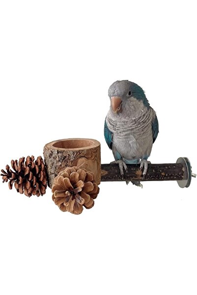 SYOSI Bird Perch with Feeder and Pinecones for Cage, Natural Wooden Parrot St...