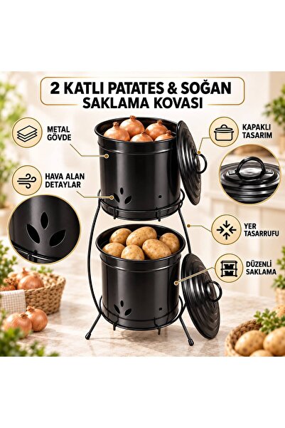 Turkco 2 Katlı Metal Patates Soğan Saklama Kovası Kapaklı Sebzelik Sepeti, SİYAH