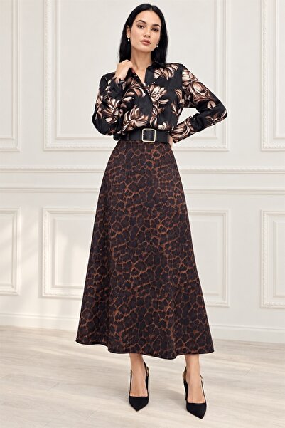 FashionForYou Миди пола Чантали, с кадифен вид и черен колан, Кафяв леопард, ...