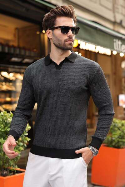 Madmext Black Polo Collar Textured Men's Knit Sweater E7511