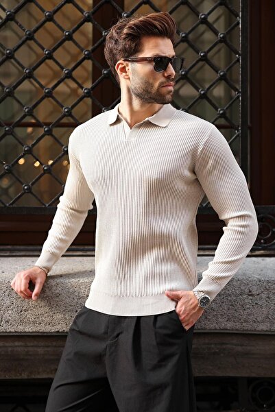Madmext Stone Color Polo Collar Textured Men's Knitwear Sweater E7511