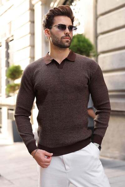Madmext Brown Polo Collar Textured Men's Knit Sweater E7511