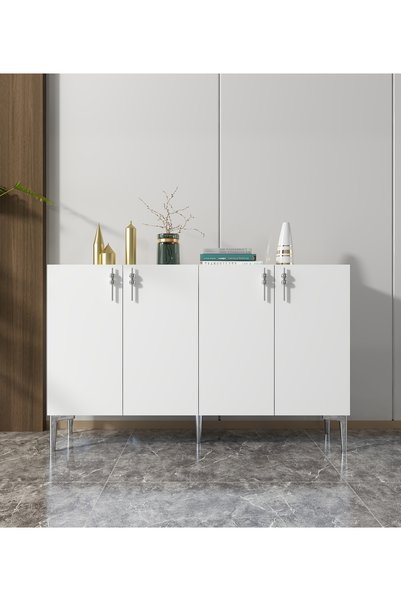 morepp Venedik 120 cm Konsol Tv Sehpası Çok Amaçlı Dolap Beyaz-Düz Gümüş