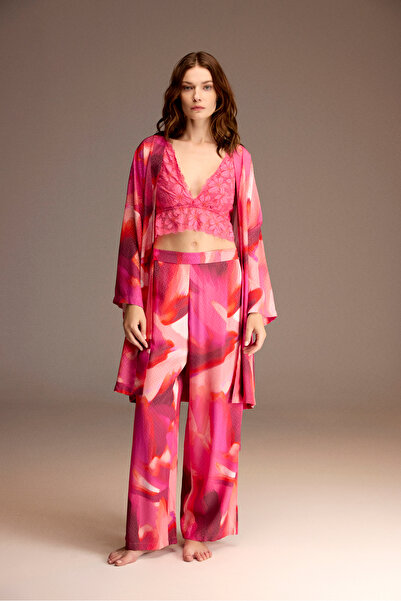 BONJOUR MADAME Jacquard viscose robe, pants, and bralette 3-piece set bm-1949