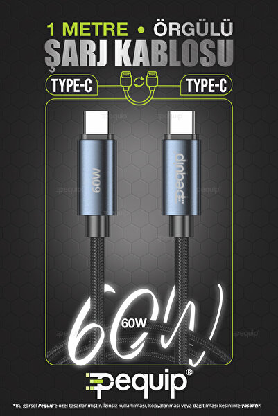 Pequip Type-C to Type-C Hızlı Şarj Kablosu 60W, PD, 1 Metre, Alüminyum Uçlu, ...